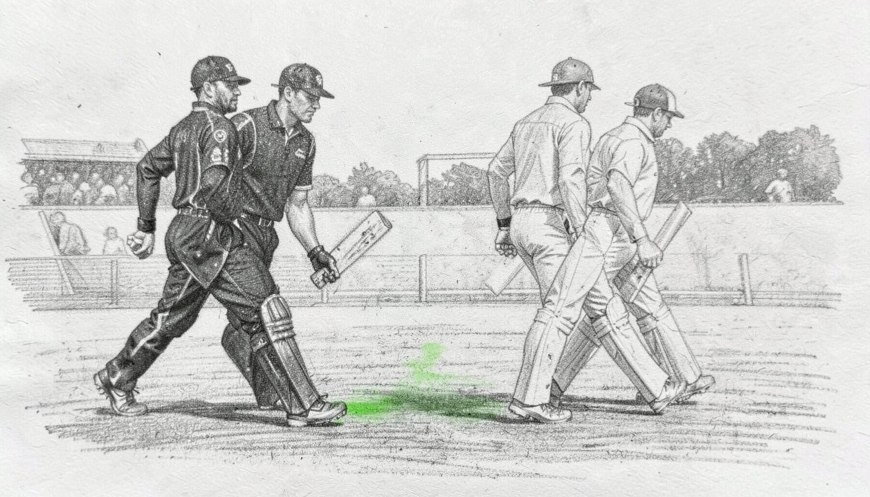 A graphite pencil sketch of two cricket teams walking onto a field, one in dark kits and one in light, with a sense of tension in the composition.