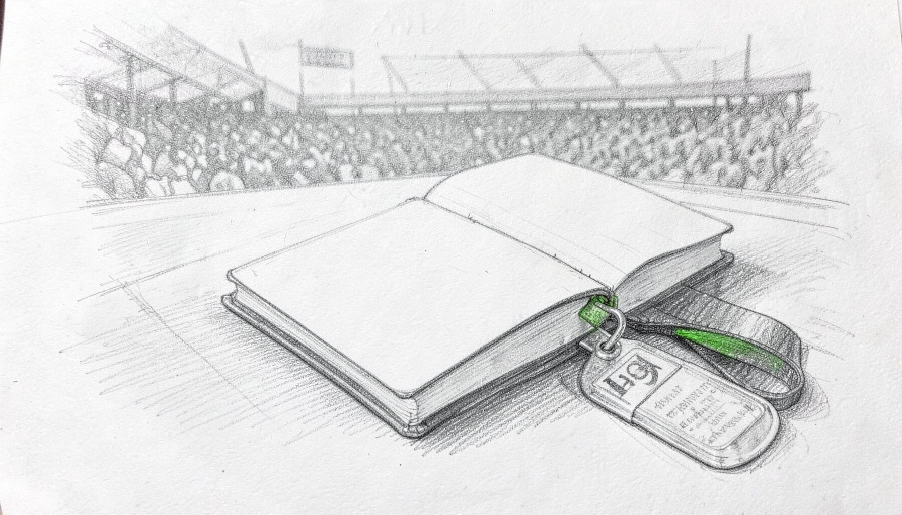 A graphite pencil sketch of a journalist's notebook open beside a press pass lanyard, with a stadium blurred in the background, drawn in fine, precise lines.