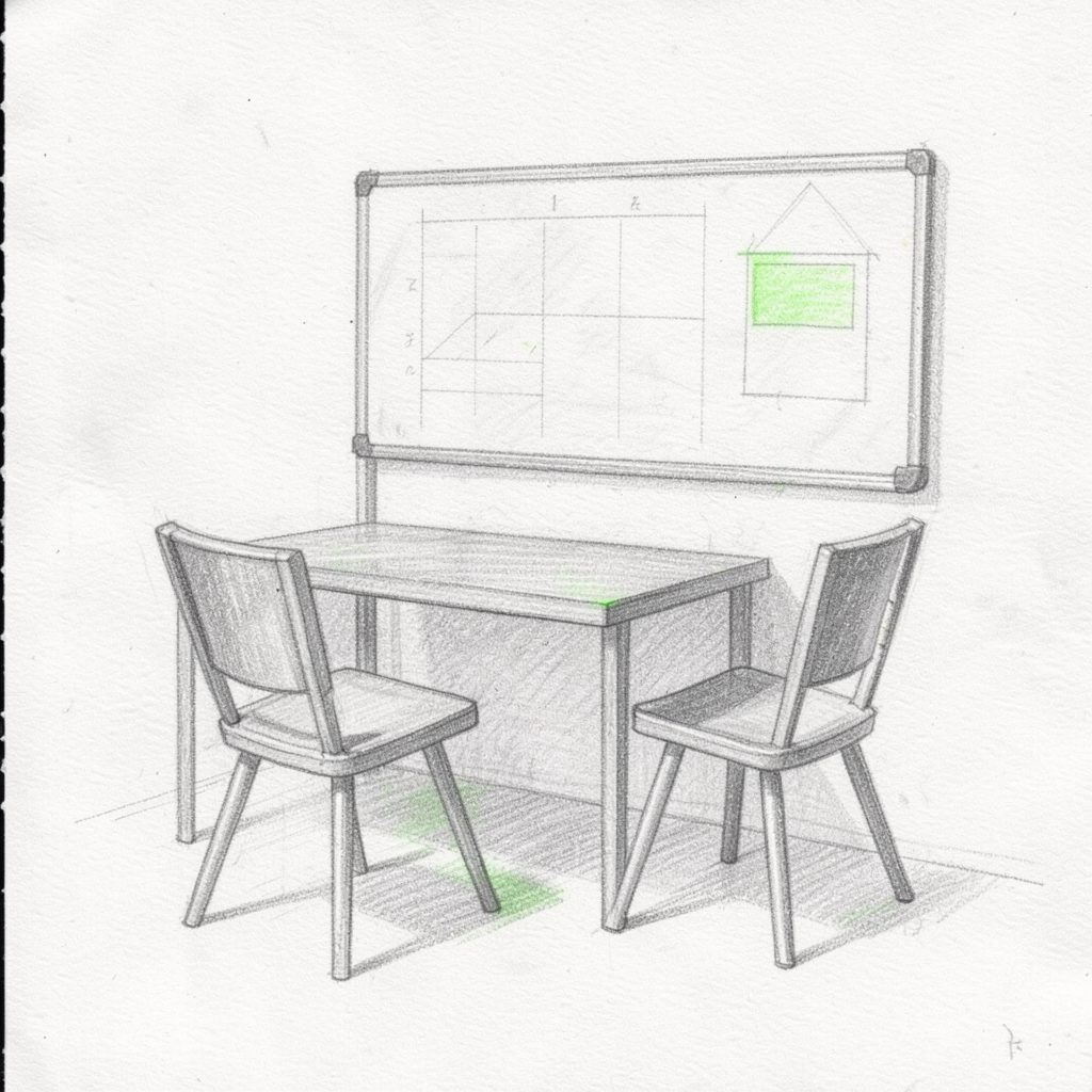 Graphite pencil sketch of a collaborative workspace with two chairs and a planning board, in gentle gray washes.