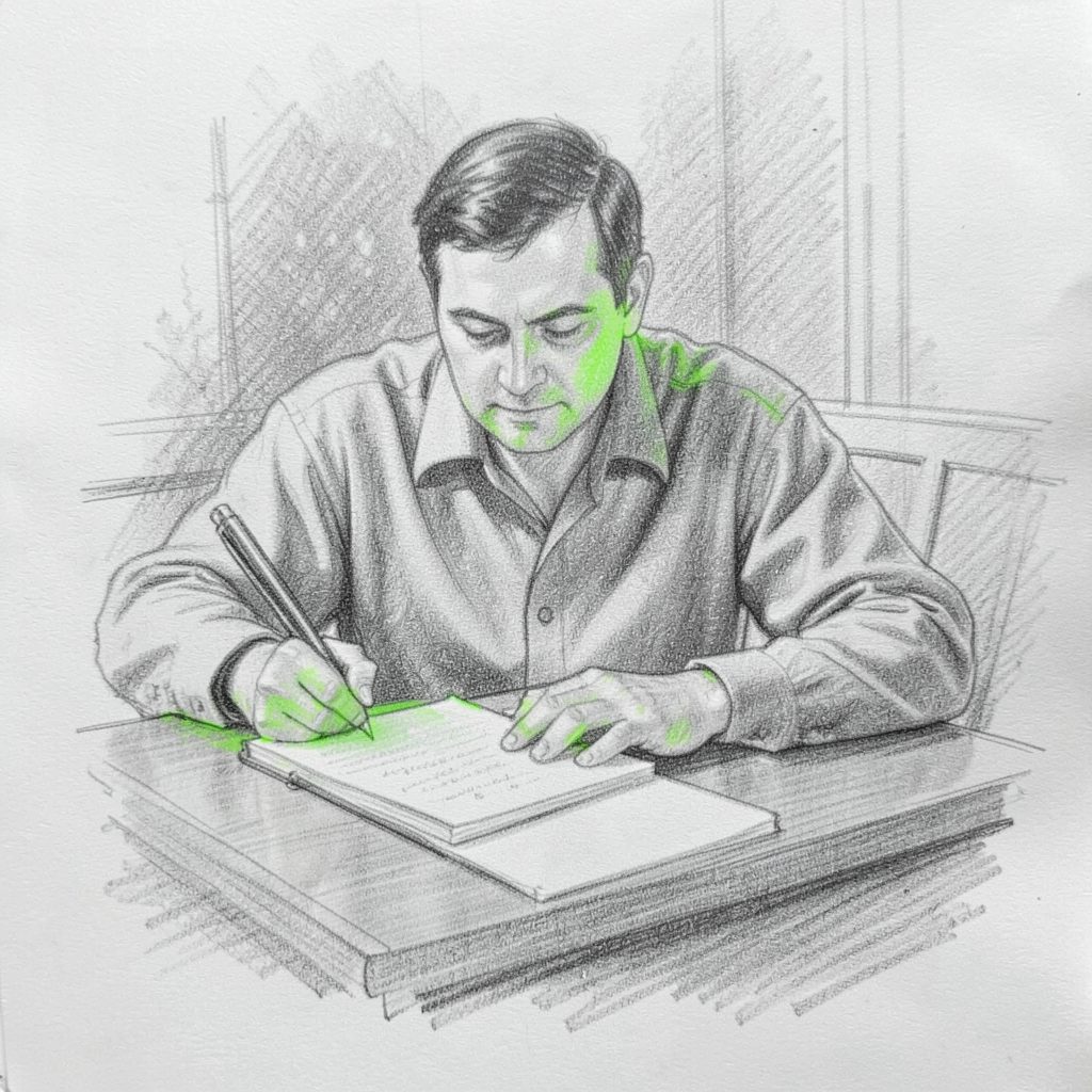Graphite pencil sketch of an editor reviewing copy at a desk, with soft cross-hatched shadows and muted mid-tones.