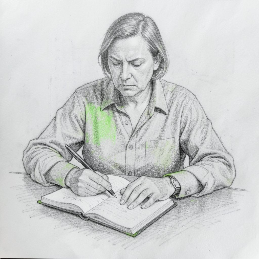 Graphite pencil sketch of a focused writer at a desk with a notebook, rendered in soft charcoal grays and muted highlights.