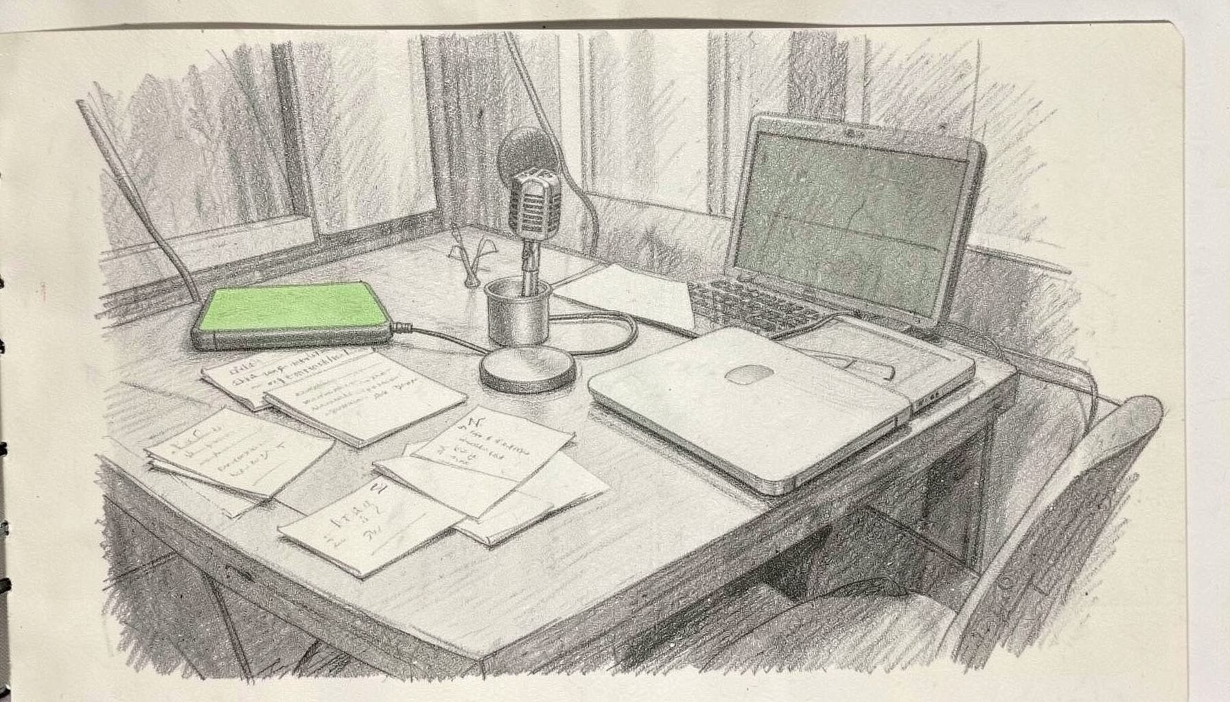 A graphite pencil sketch of a sports newsroom desk with scattered notes, a microphone, and a laptop, framed by soft shadows and warm gray tones.