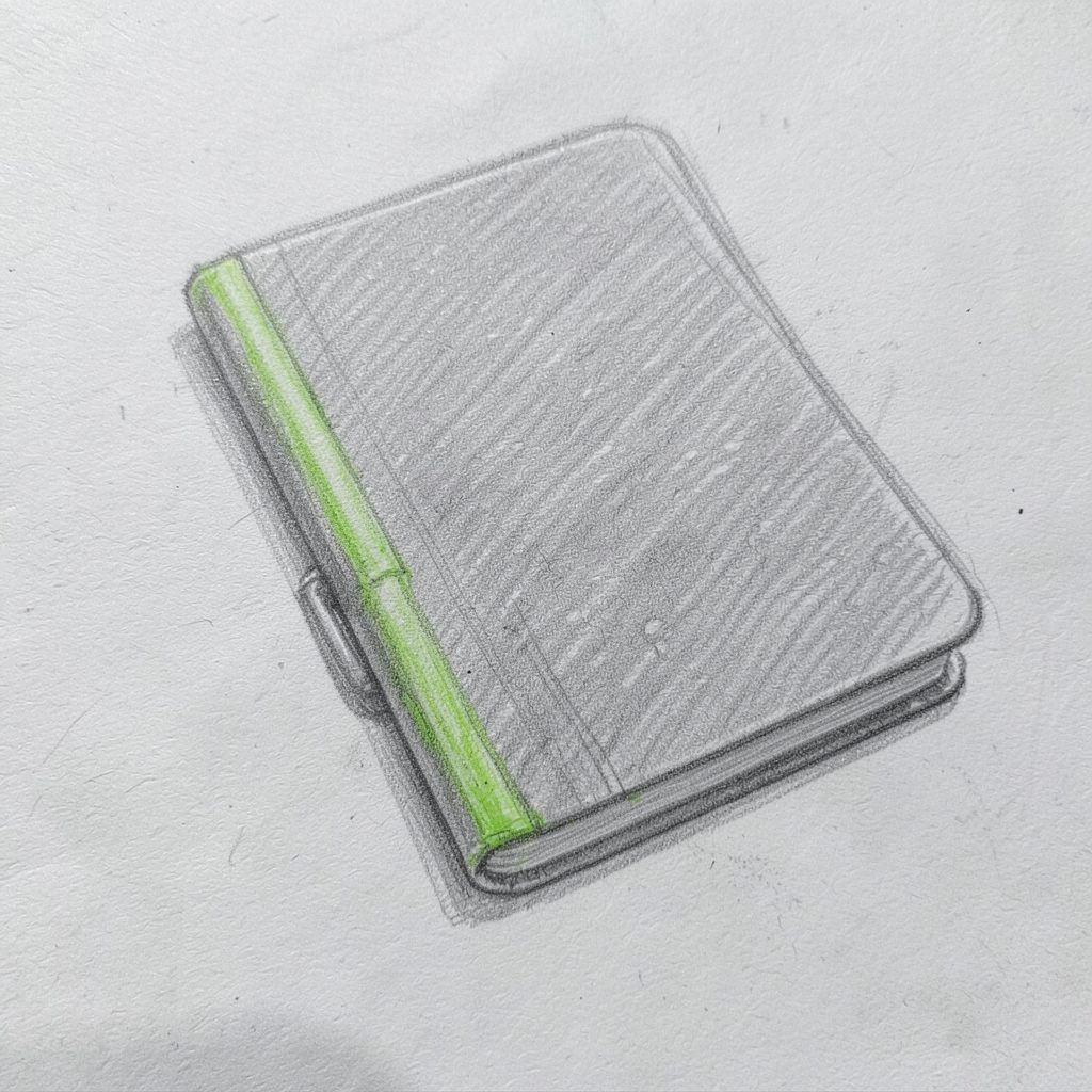 Graphite pencil sketch of a reporter's notebook and press pass on a textured surface, in subtle grayscale.