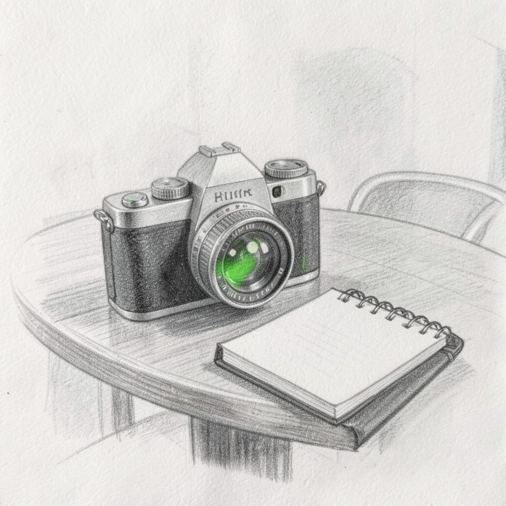Graphite pencil sketch of a camera and notepad on a café table, with soft graphite shading and gentle highlights.