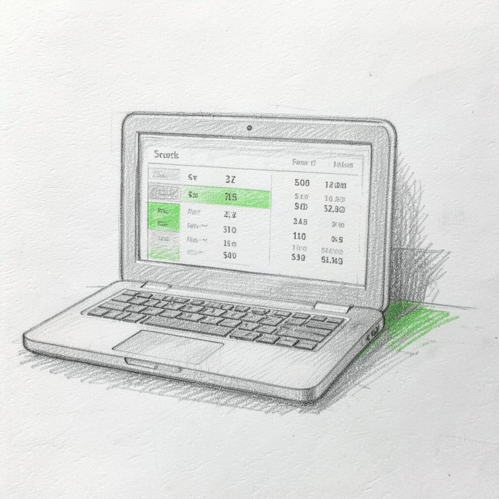 Graphite pencil sketch of a laptop with sports stats on screen, drawn in delicate gray lines and subtle shadow work.
